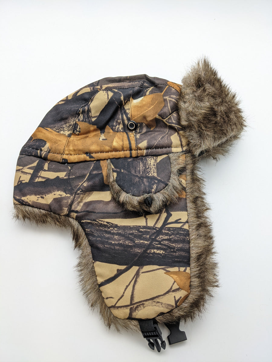 GIBZ Faux Fur Trapper Hat For Men Women With Ear Flaps Windproof Leather Russian Cap, Black, L(22"-22.8