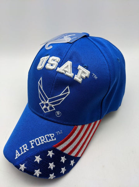 Licensed United States Air Force Emblem Wings Hat - USA Flag Bill - Blue