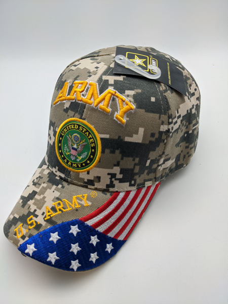 Licensed United States Army Emblem Hat -Embroidered - Digital Camo- USA Flag Bill