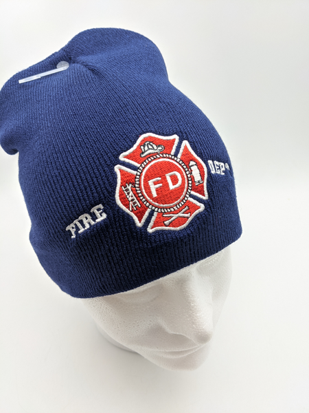 Fire Dept. Beanie Hat Cap - Navy Blue - Embroidered
