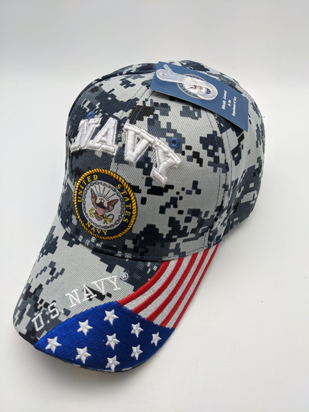 Licensed United States Navy Hat - USA Flag Bill - Embroidered -Emblem- Digital Camo Blue