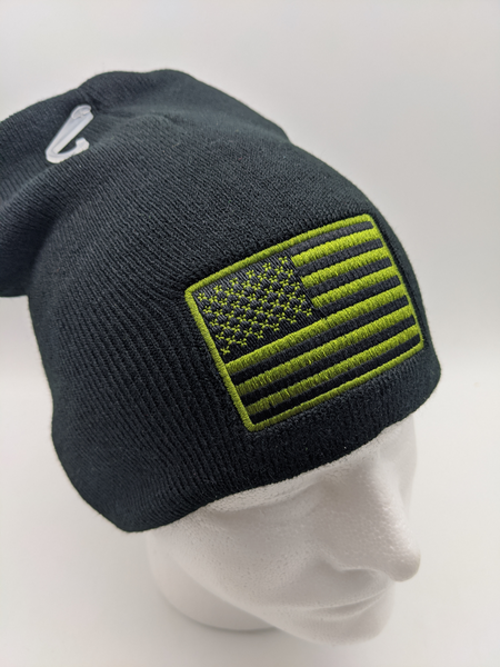 U.S. Flag Tactical Beanie Hat Cap -Black W/ Green Flag